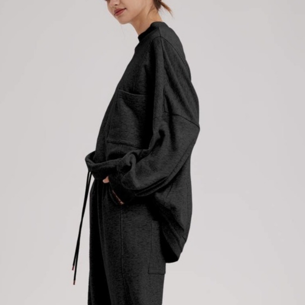 NAP Oversized Hi Low Cotton Drawstring Crewneck Sweatshirt in Black